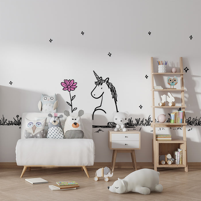 Børneværelse tapet | Drømmende enhjørning og lyserød blomst i en fortryllet have