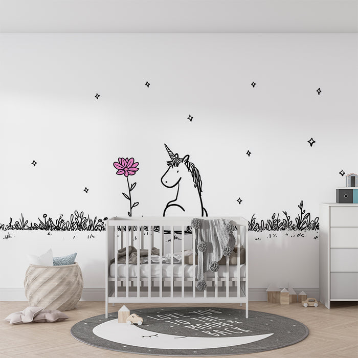 Børneværelse tapet | Drømmende enhjørning og lyserød blomst i en fortryllet have