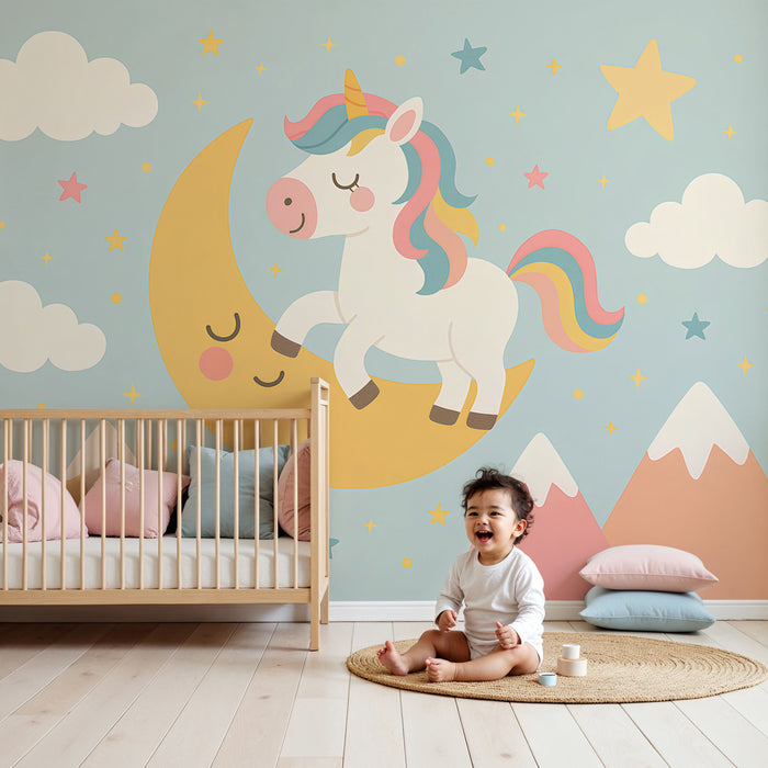 Papier peint chambre enfant | Licorne rêveuse sur la lune