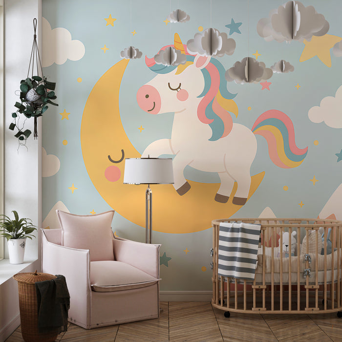 Papier peint chambre enfant | Licorne rêveuse sur la lune