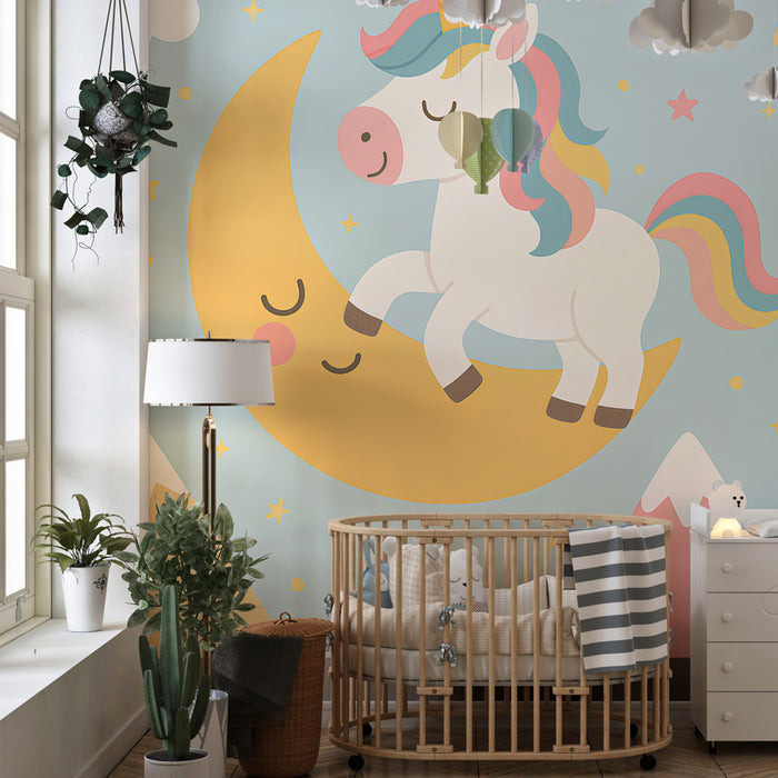 Papier peint chambre enfant | Licorne rêveuse sur la lune