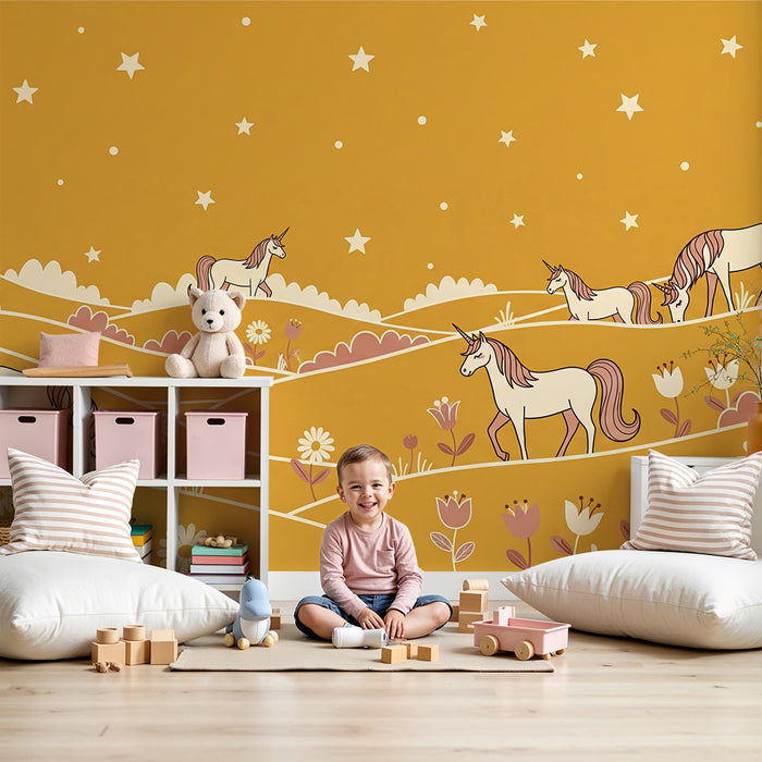 **Kinderzimmer Tapete | Einhörner in einer sonnigen Blumenlandschaft**