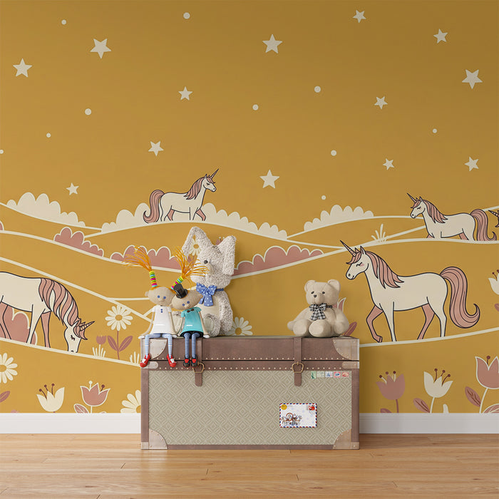 **Kinderzimmer Tapete | Einhörner in einer sonnigen Blumenlandschaft**