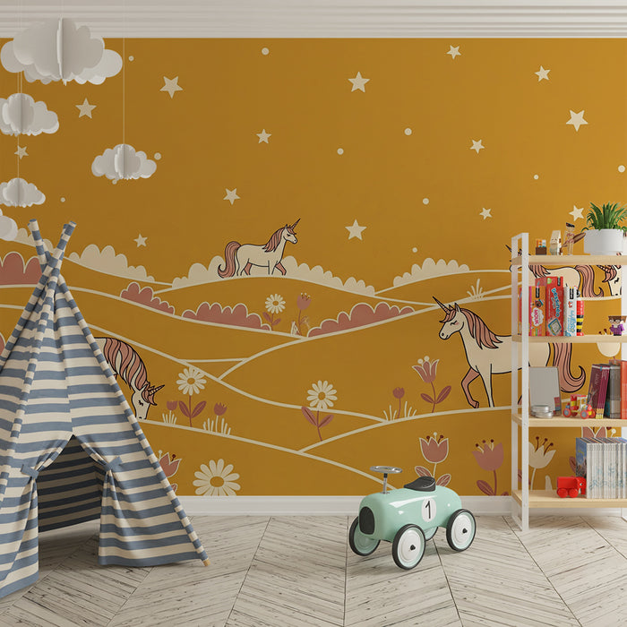 **Kinderzimmer Tapete | Einhörner in einer sonnigen Blumenlandschaft**