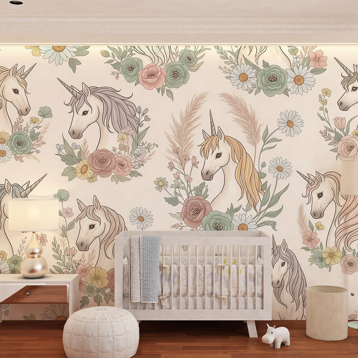 Kids room wallpaper | Elegant unicorns surrounded by delicate flowers