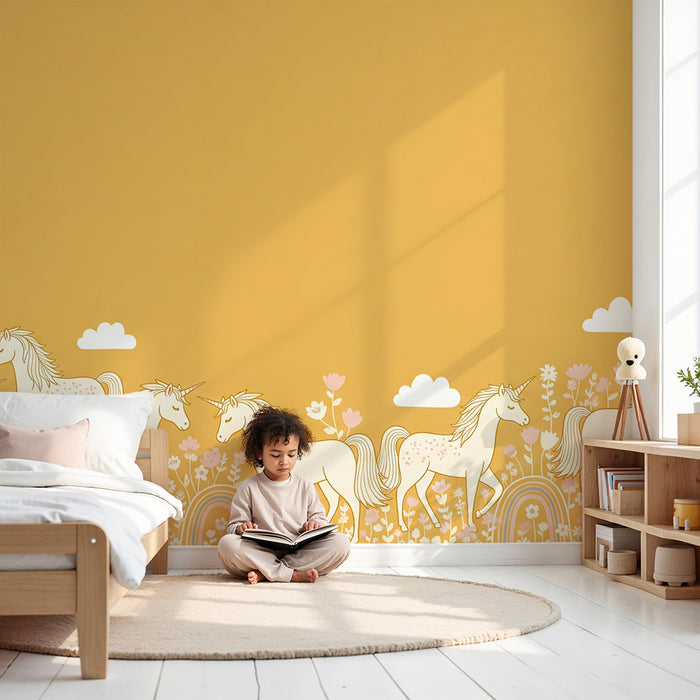 Behang kinderkamer | Betoverende eenhoorns in een bloemenveld