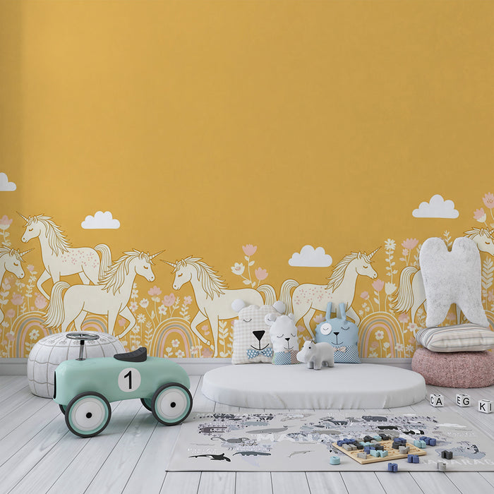 Behang kinderkamer | Betoverende eenhoorns in een bloemenveld