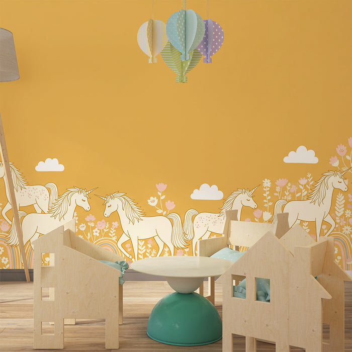 Behang kinderkamer | Betoverende eenhoorns in een bloemenveld