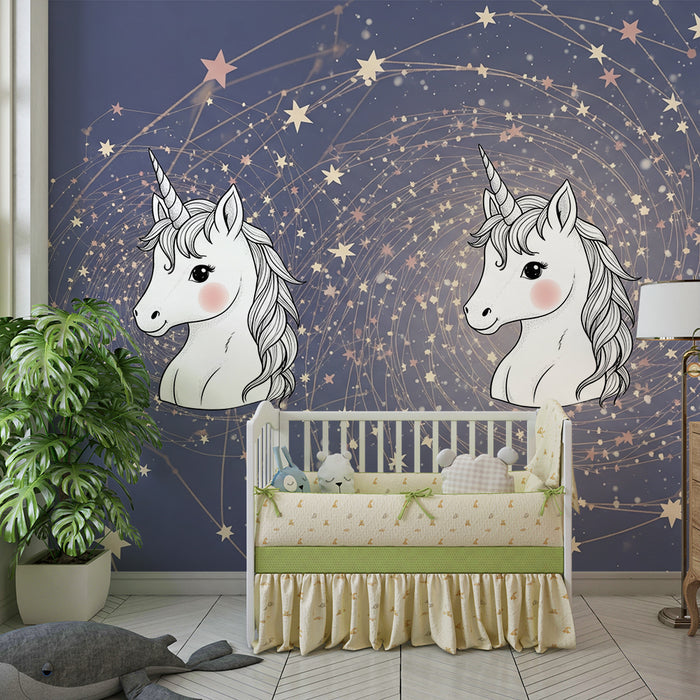 Kinderzimmer Tapete | Einhörner und glitzernde Sterne
