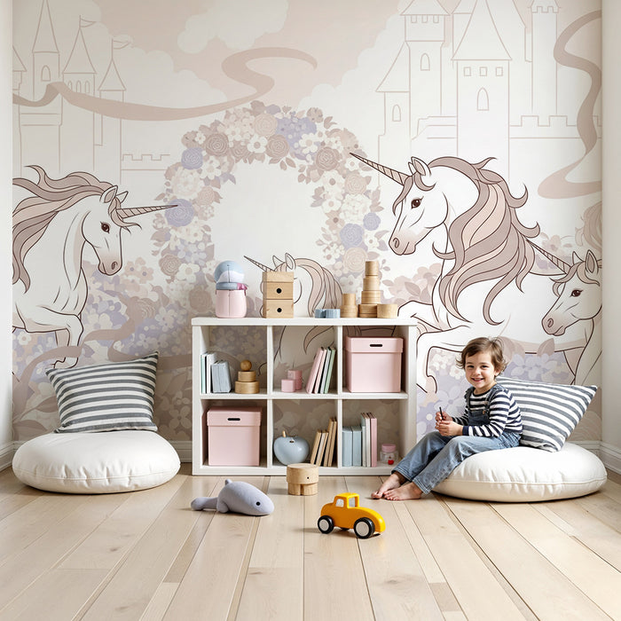Papier peint chambre enfant | Licornes majestueuses dans un jardin fleuri