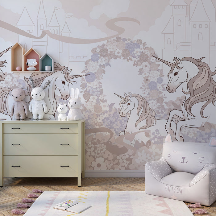 Papier peint chambre enfant | Licornes majestueuses dans un jardin fleuri