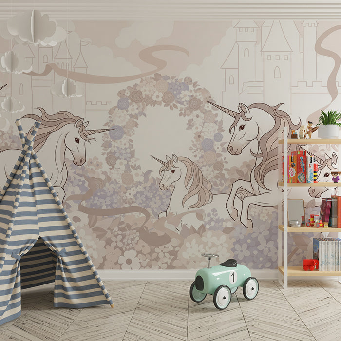 Papier peint chambre enfant | Licornes majestueuses dans un jardin fleuri