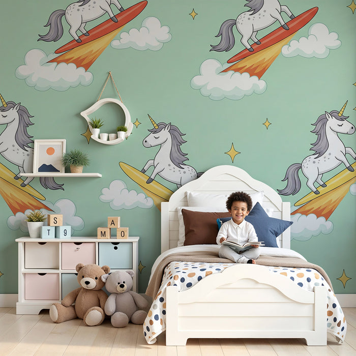 Papier peint chambre enfant | Licornes sur des planches de surf dans un ciel étoilé
