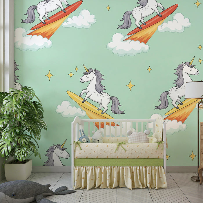 Papier peint chambre enfant | Licornes sur des planches de surf dans un ciel étoilé
