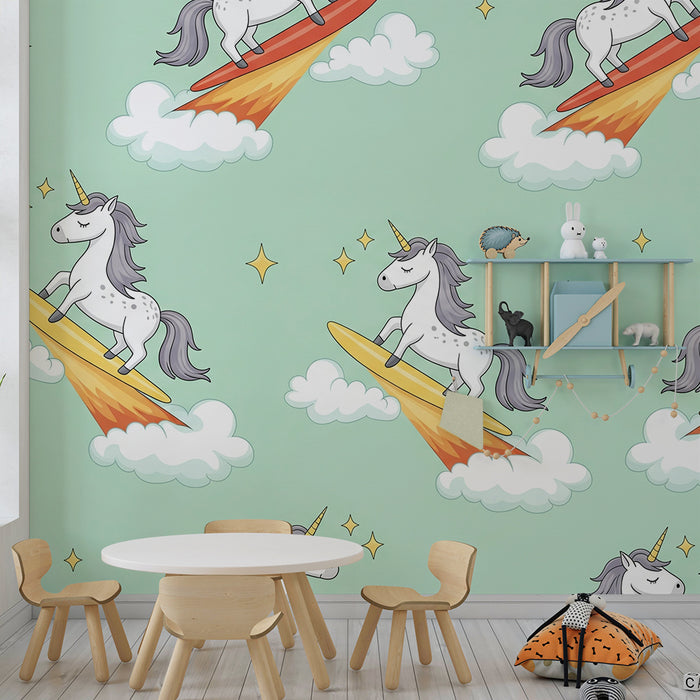 Papier peint chambre enfant | Licornes sur des planches de surf dans un ciel étoilé