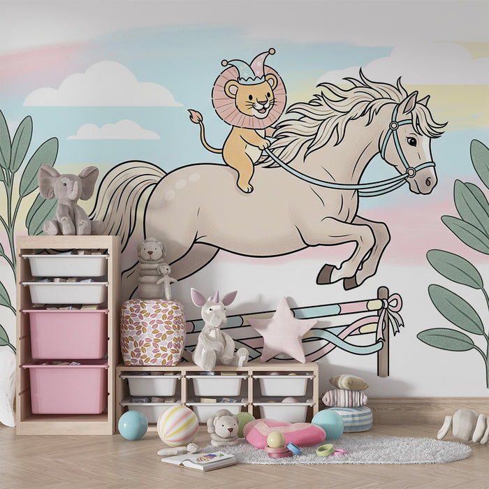 Kinderkamer behang | Leeuw acrobaat op een paard