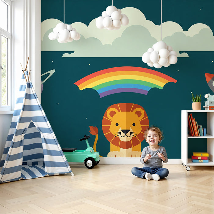Kinderzimmer-Tapete | Lustiger Löwe unter einem Regenbogen im Weltall