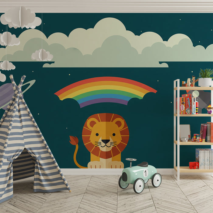 Kinderzimmer-Tapete | Lustiger Löwe unter einem Regenbogen im Weltall