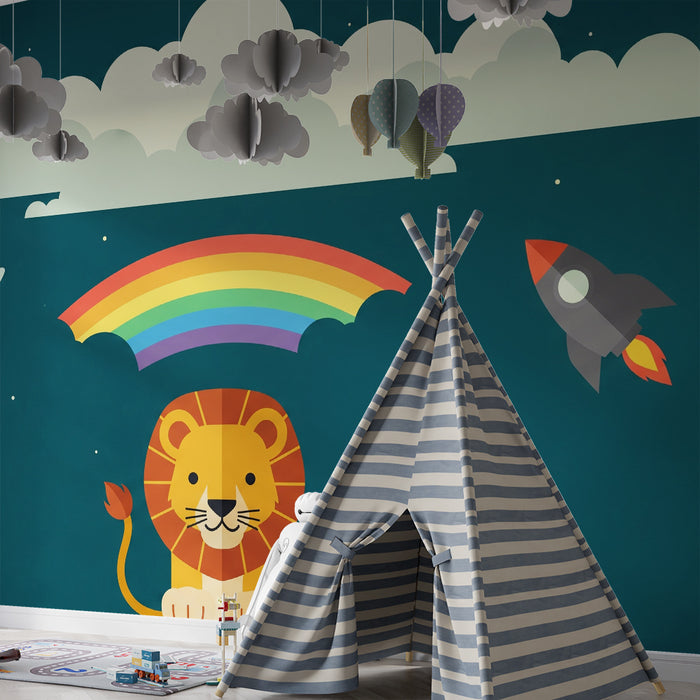 Kinderzimmer-Tapete | Lustiger Löwe unter einem Regenbogen im Weltall