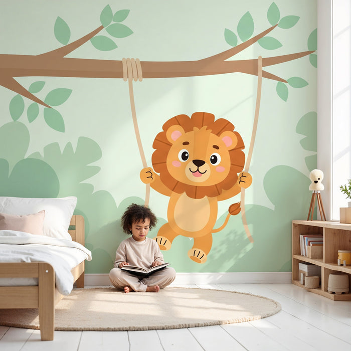 Papel pintado infantil | León divertido en un columpio