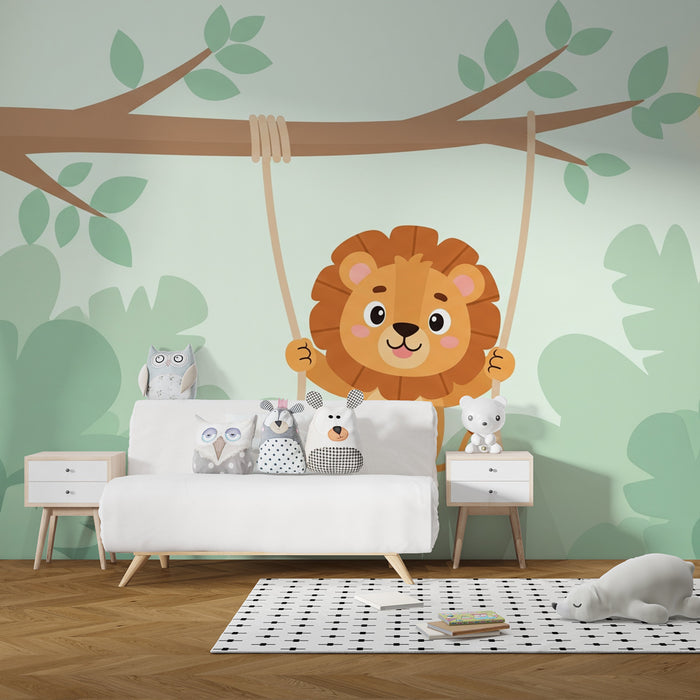 Papel pintado infantil | León divertido en un columpio