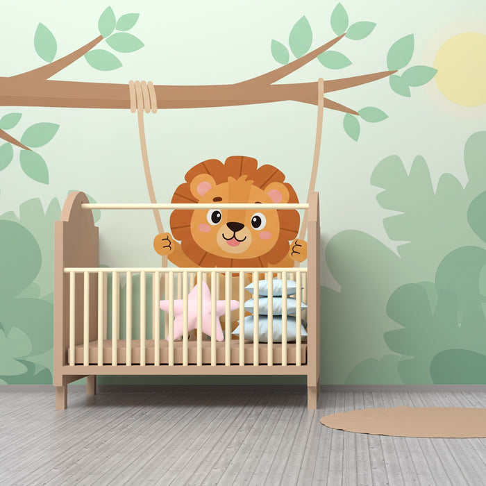 Papel pintado infantil | León divertido en un columpio