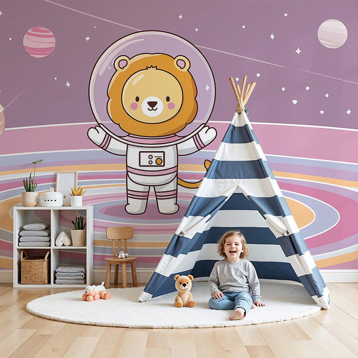 Kinderzimmer Tapete | Löwe Astronaut in einer bunten Welt