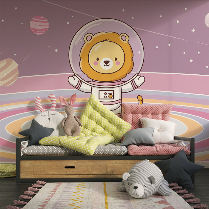 Kinderzimmer Tapete | Löwe Astronaut in einer bunten Welt