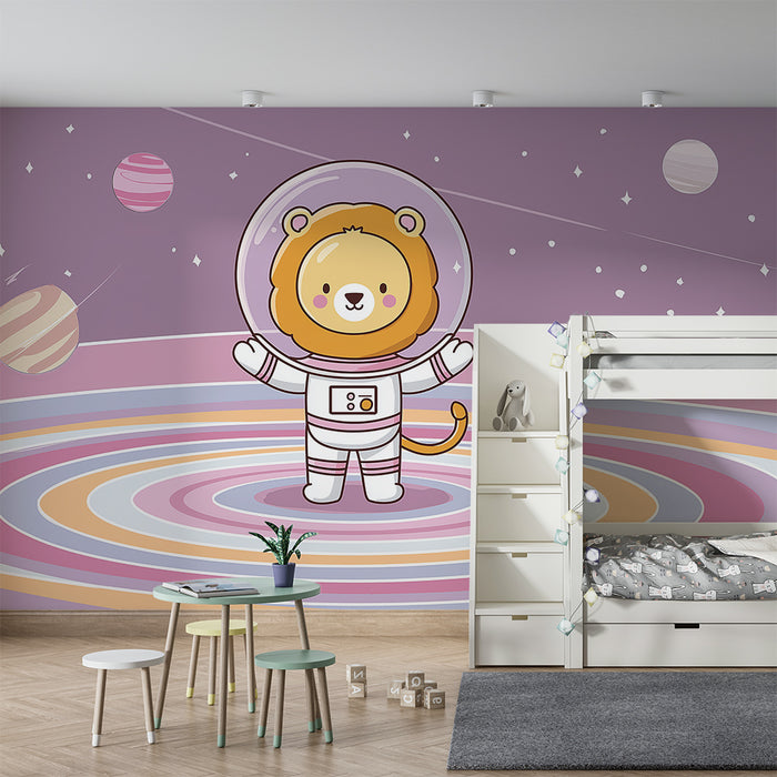 Kinderzimmer Tapete | Löwe Astronaut in einer bunten Welt
