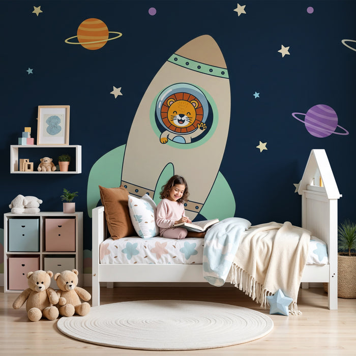 Kinderzimmer Tapete | Löwe Astronaut und bunte Planeten