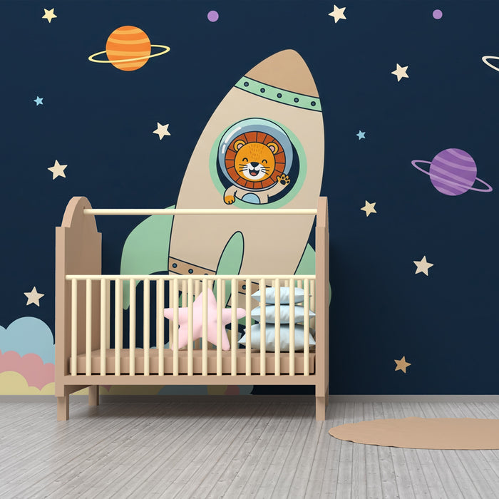 Kinderzimmer Tapete | Löwe Astronaut und bunte Planeten