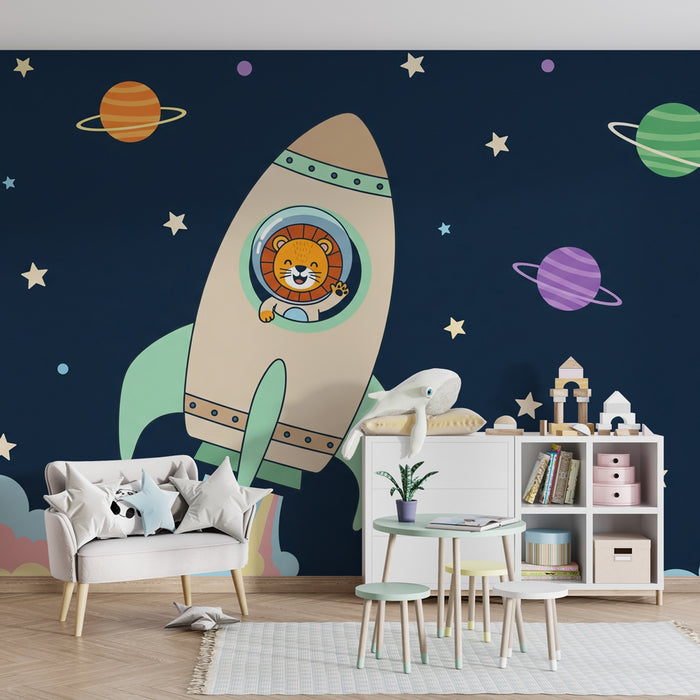 Kinderzimmer Tapete | Löwe Astronaut und bunte Planeten