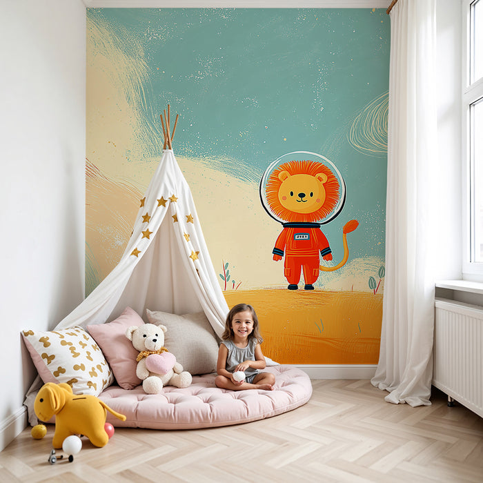 Kinderzimmer Tapete | Löwe Astronaut, der den bunten Weltraum erkundet