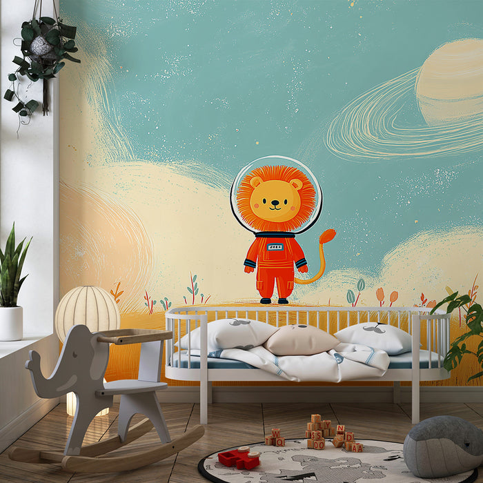 Kinderzimmer Tapete | Löwe Astronaut, der den bunten Weltraum erkundet