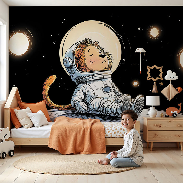 Papier peint chambre enfant | Lion astronaute flottant dans l'espace