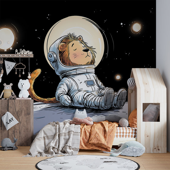 Papier peint chambre enfant | Lion astronaute flottant dans l'espace