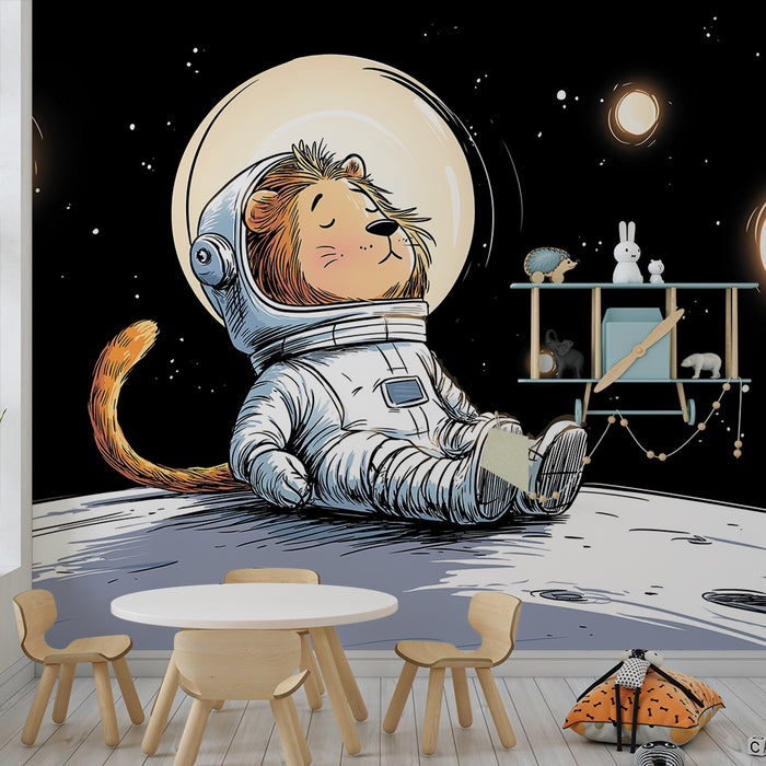 Papier peint chambre enfant | Lion astronaute flottant dans l'espace