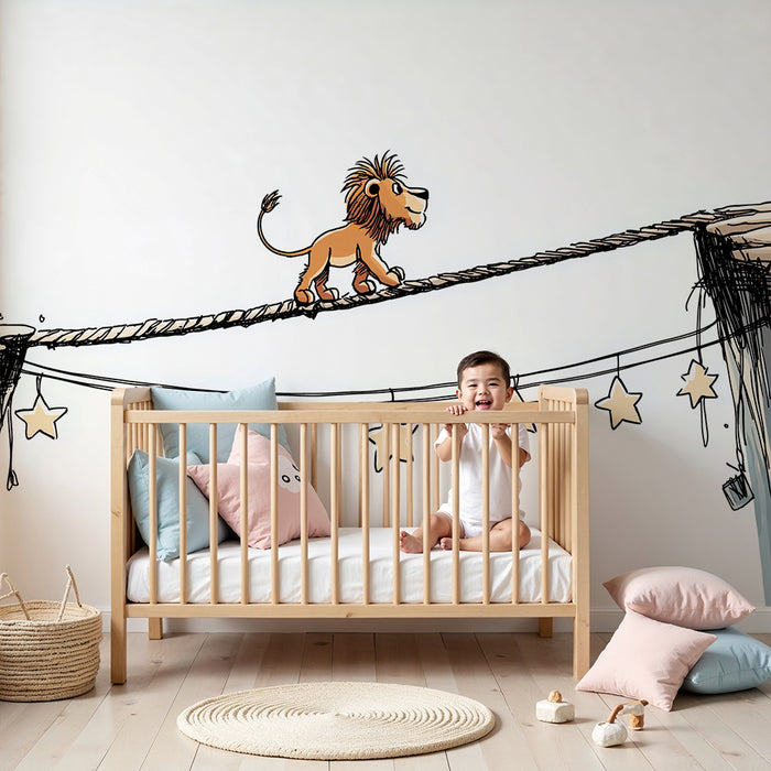 Kinderzimmer Tapete | Mutiger Löwe auf einem Seil mit glitzernden Sternen