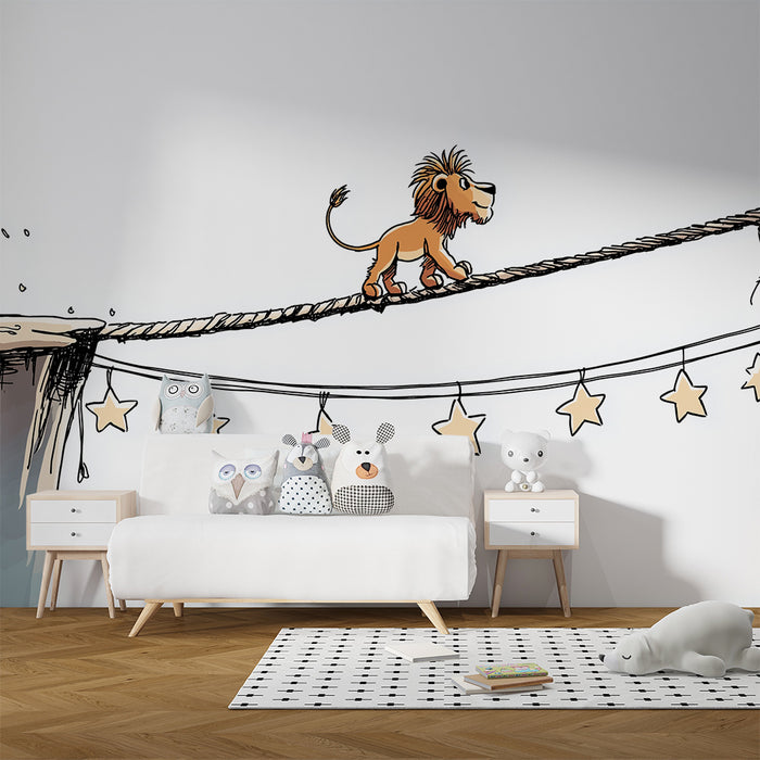 Kinderzimmer Tapete | Mutiger Löwe auf einem Seil mit glitzernden Sternen