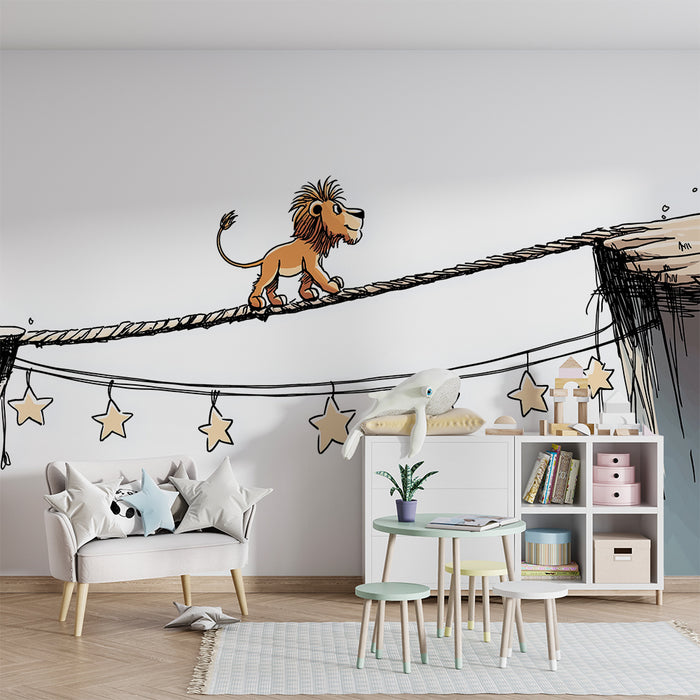 Kinderzimmer Tapete | Mutiger Löwe auf einem Seil mit glitzernden Sternen