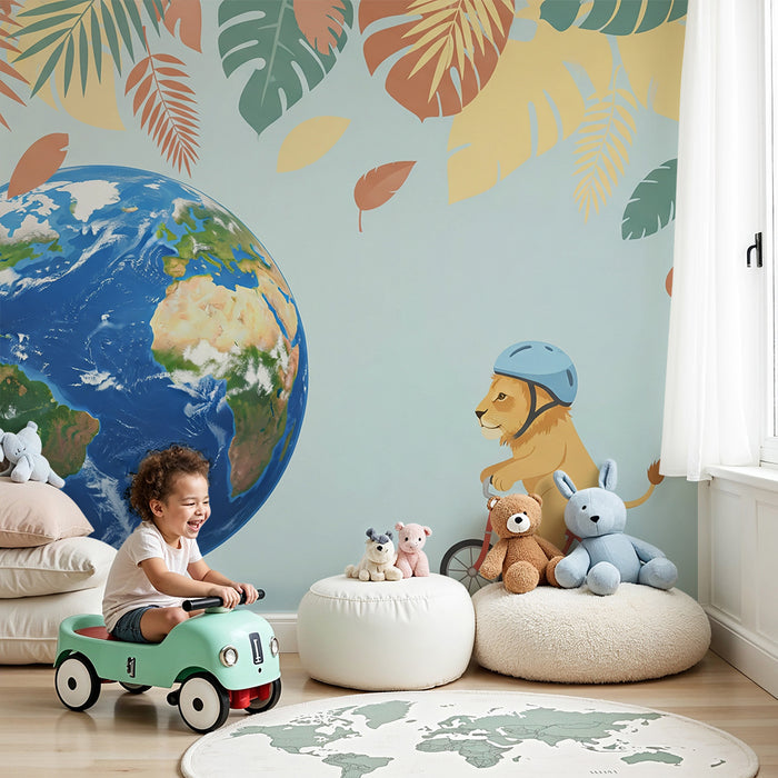 Papel pintado infantil | León aventurero en bicicleta alrededor del mundo
