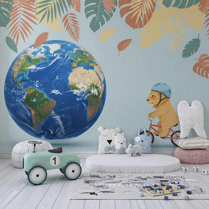 Papel pintado infantil | León aventurero en bicicleta alrededor del mundo