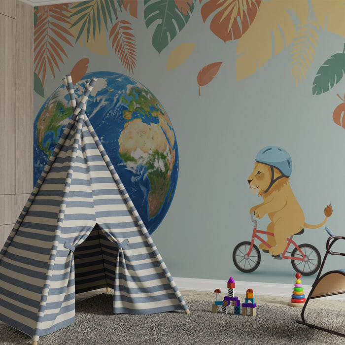 Papel pintado infantil | León aventurero en bicicleta alrededor del mundo