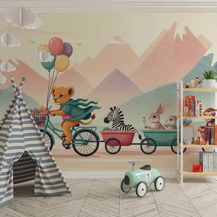 Kinderzimmer Tapete | Abenteuerlicher Löwe auf dem Fahrrad mit seinen Tierfreunden