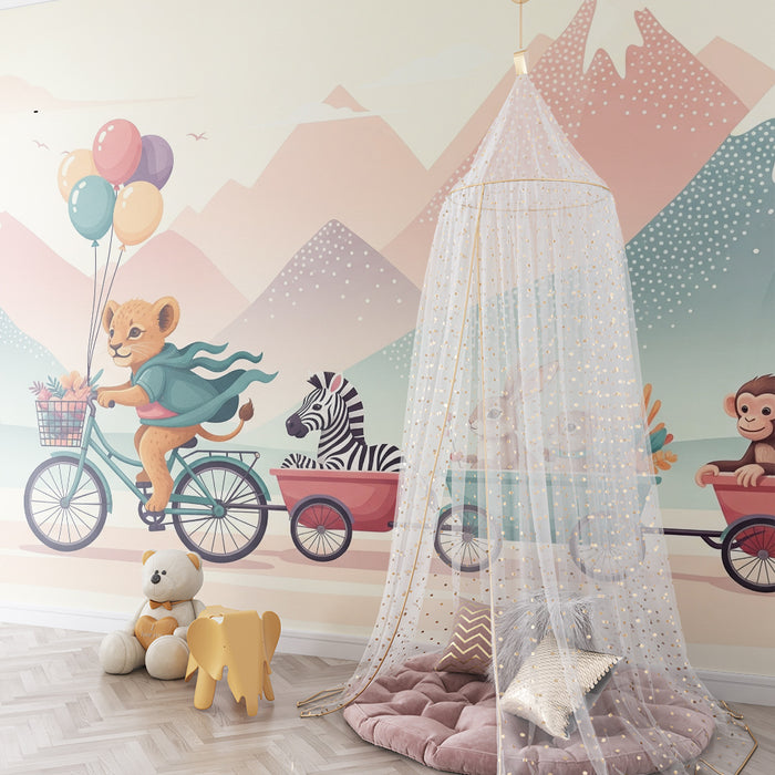 Kinderzimmer Tapete | Abenteuerlicher Löwe auf dem Fahrrad mit seinen Tierfreunden