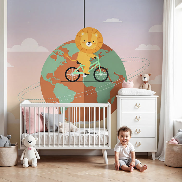 Kinderkamer behang | Avontuurlijke leeuw op de fiets op aarde