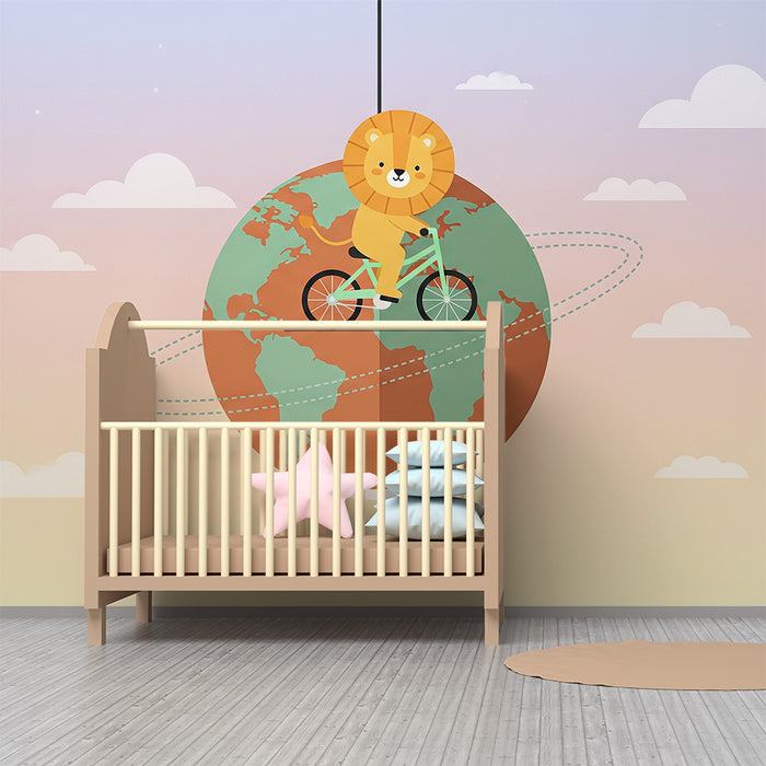 Kinderkamer behang | Avontuurlijke leeuw op de fiets op aarde