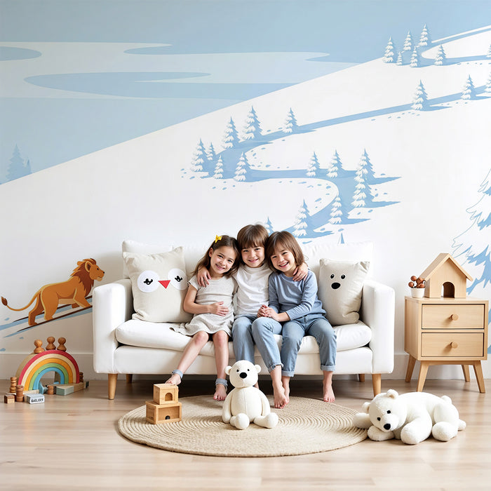 Kinderzimmer-Tapete | Abenteuerlicher Löwe in verschneiter Landschaft