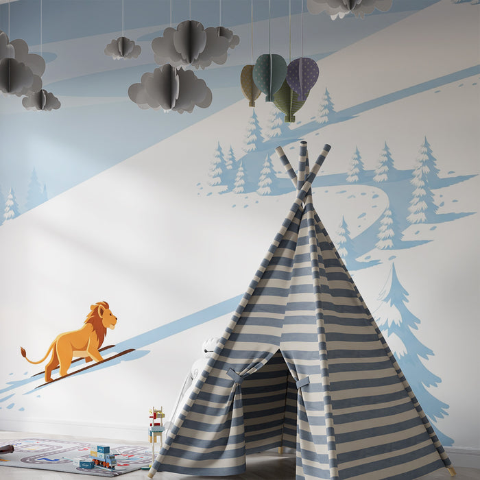 Kinderzimmer-Tapete | Abenteuerlicher Löwe in verschneiter Landschaft