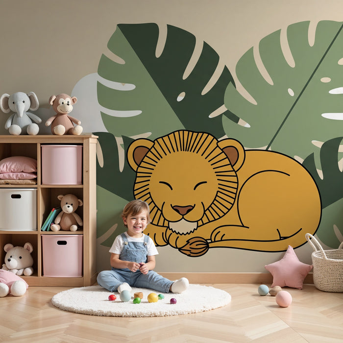 Kinderzimmer Tapete | Kuschelnder Löwe und tropisches Laubwerk